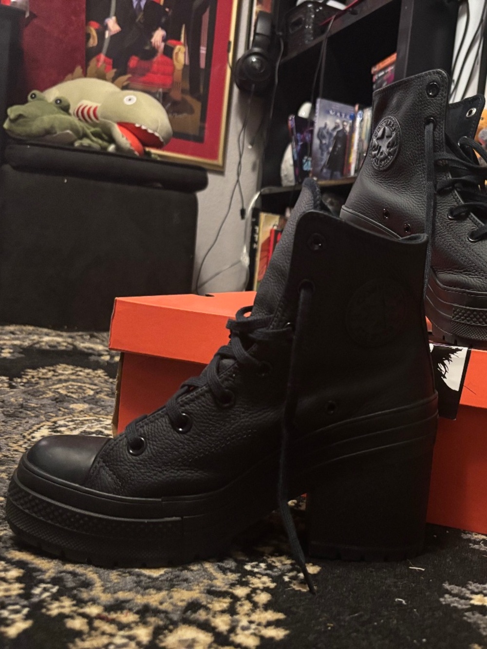 Black Converse Heeled High Tops - Faux Leather - EUC